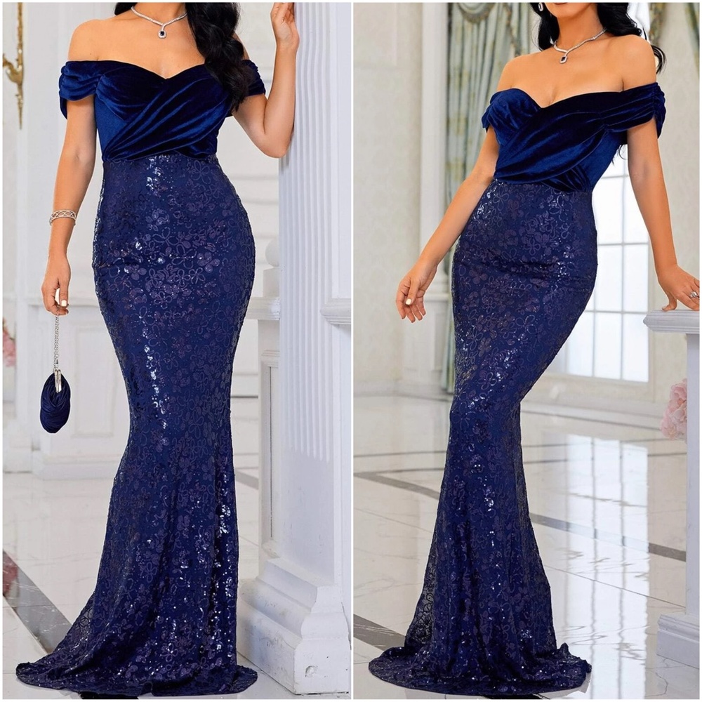 Luxe Velvet Sequin Off shoulder Evening Prom Wedding Party Dress